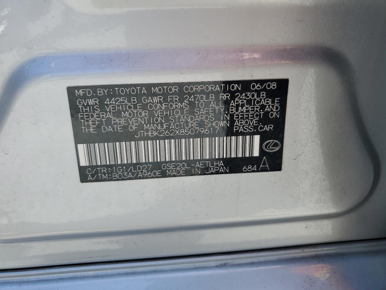 JTHBK262X85079617 2008 Lexus Is 250