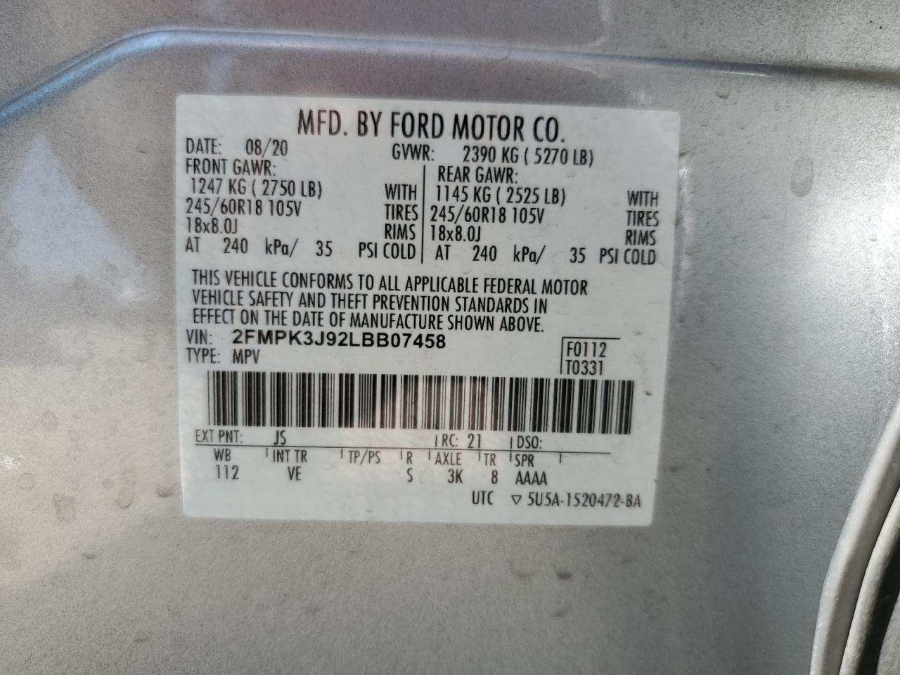 2FMPK3J92LBB07458 2020 Ford Edge Sel