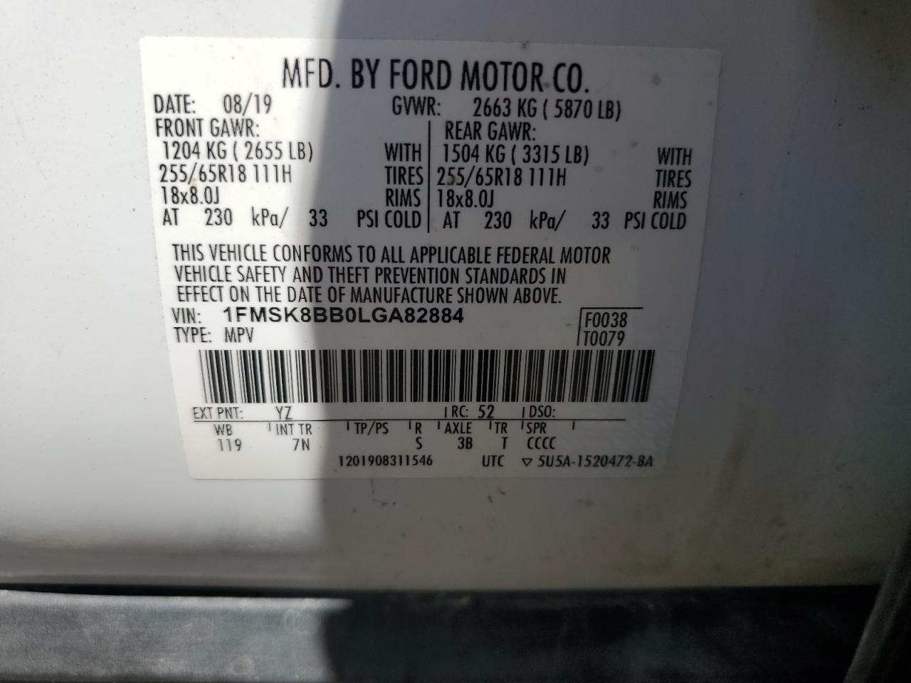 1FMSK8BB0LGA82884 2020 Ford Explorer