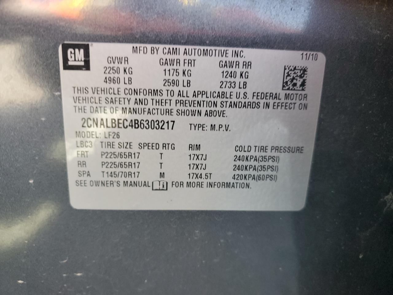 2CNALBEC4B6303217 2011 Chevrolet Equinox Ls