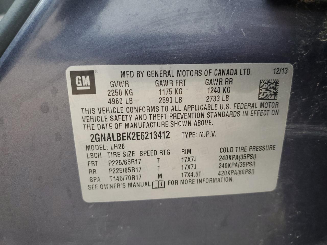 2GNALBEK2E6213412 2014 Chevrolet Equinox Lt