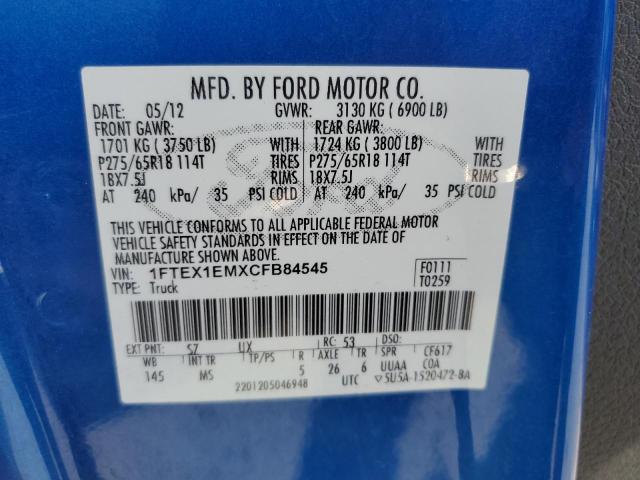 2012 Ford F150 Super Cab VIN: 1FTEX1EMXCFB84545 Lot: 54619164