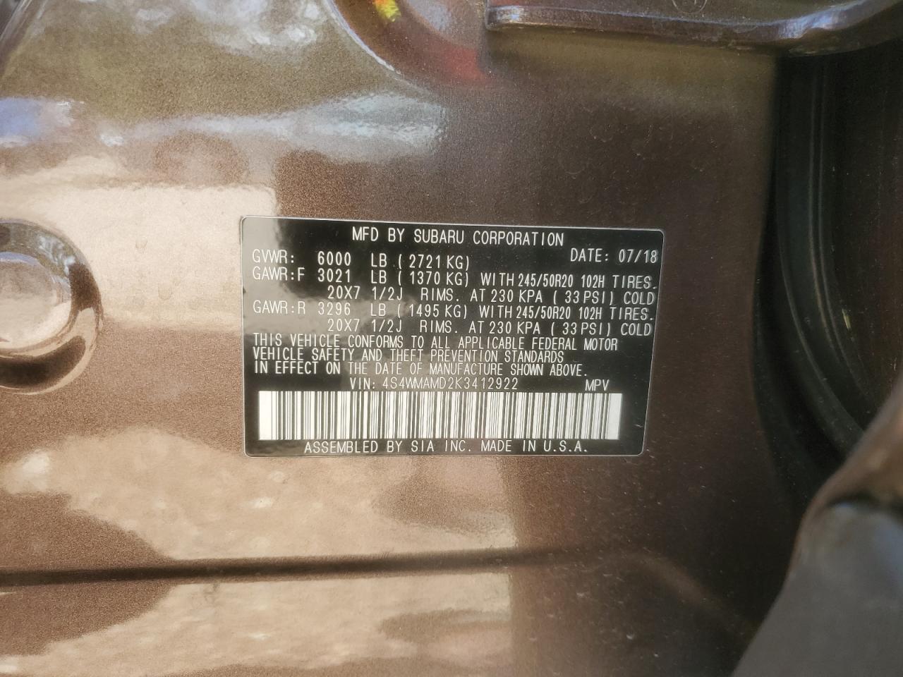 4S4WMAMD2K3412922 2019 Subaru Ascent Limited