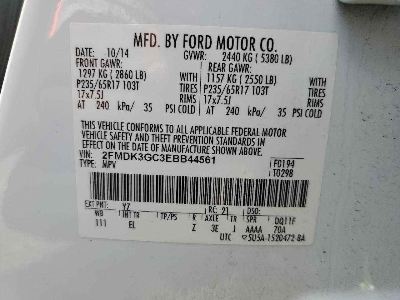 2FMDK3GC3EBB44561 2014 Ford Edge Se