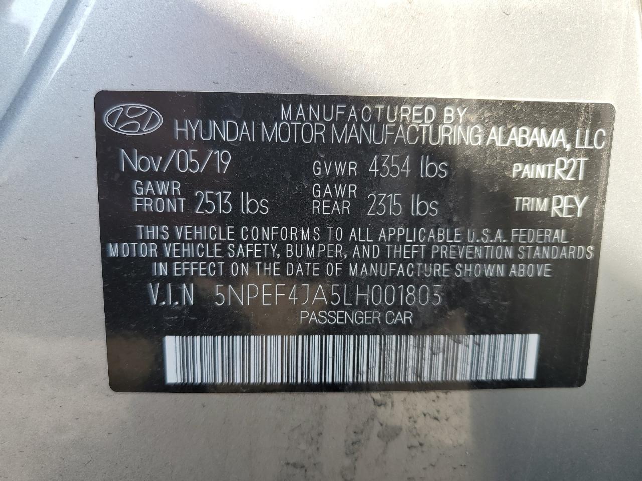 5NPEF4JA5LH001803 2020 Hyundai Sonata Sel