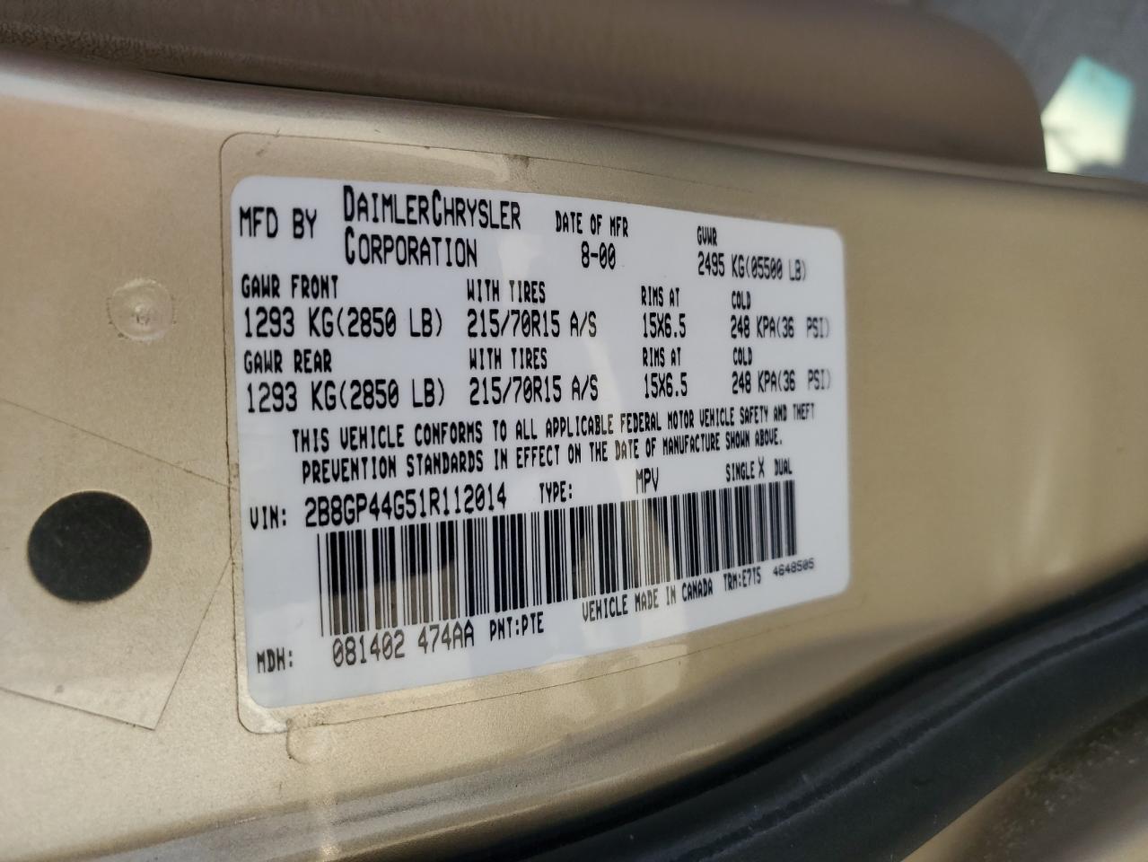 2B8GP44G51R112014 2001 Dodge Grand Caravan Sport