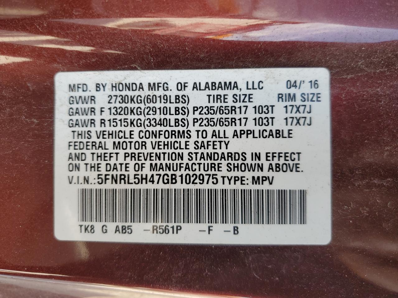 5FNRL5H47GB102975 2016 Honda Odyssey Ex