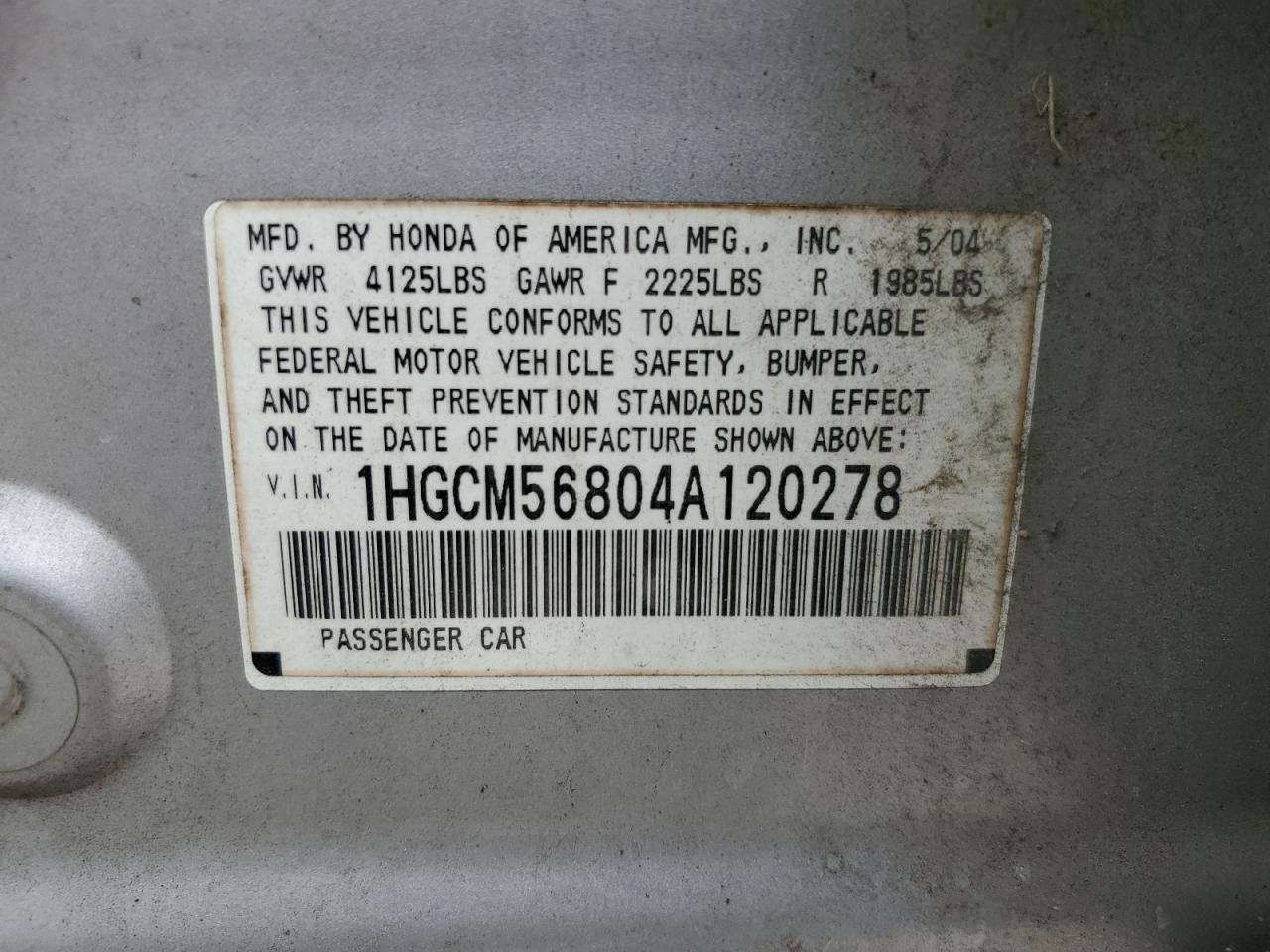 1HGCM56804A120278 2004 Honda Accord Ex