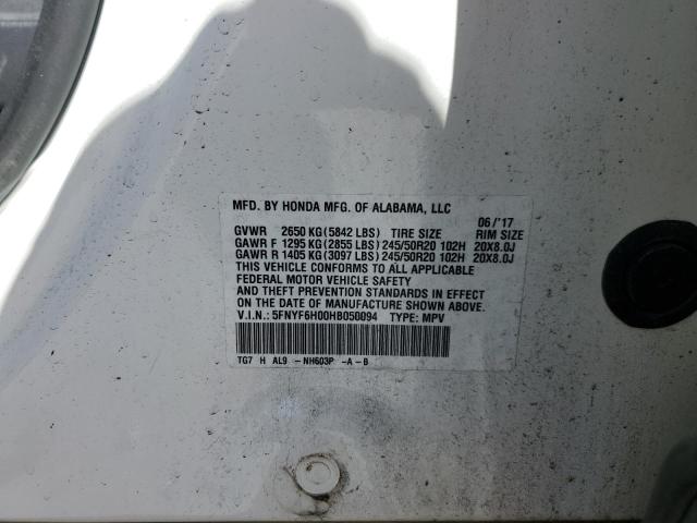 2017 Honda Pilot Elite VIN: 5FNYF6H00HB050094 Lot: 53415294