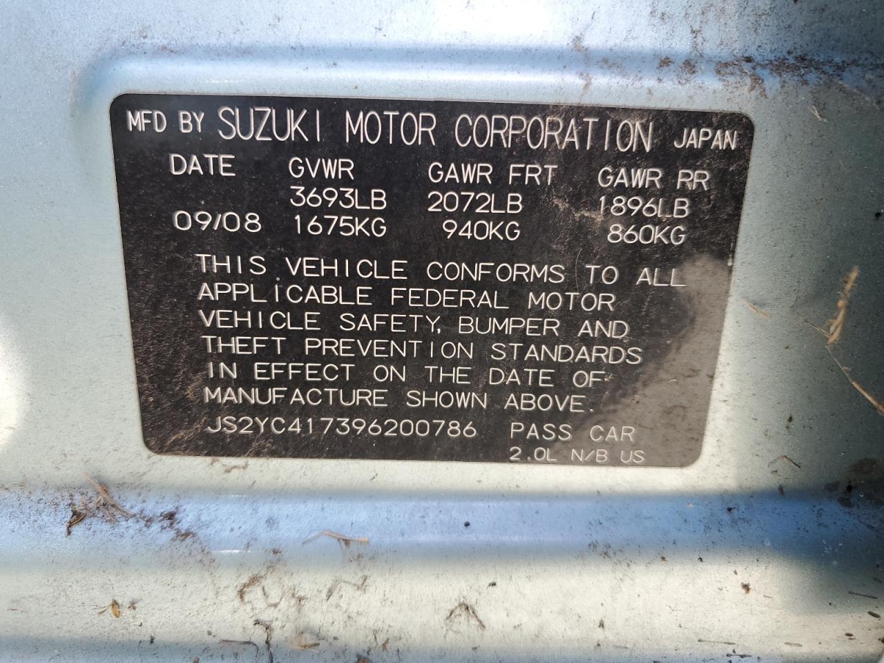 JS2YC417396200786 2009 Suzuki Sx4 Touring