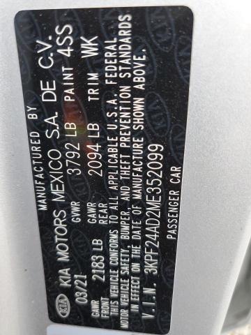 2021 Kia Forte Fe VIN: 3KPF24AD2ME352099 Lot: 55263744