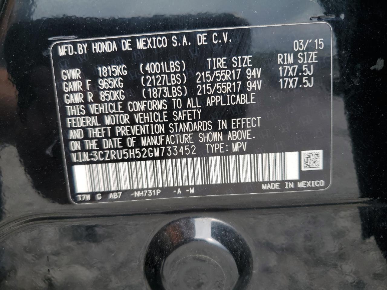 3CZRU5H52GM733452 2016 Honda Hr-V Ex