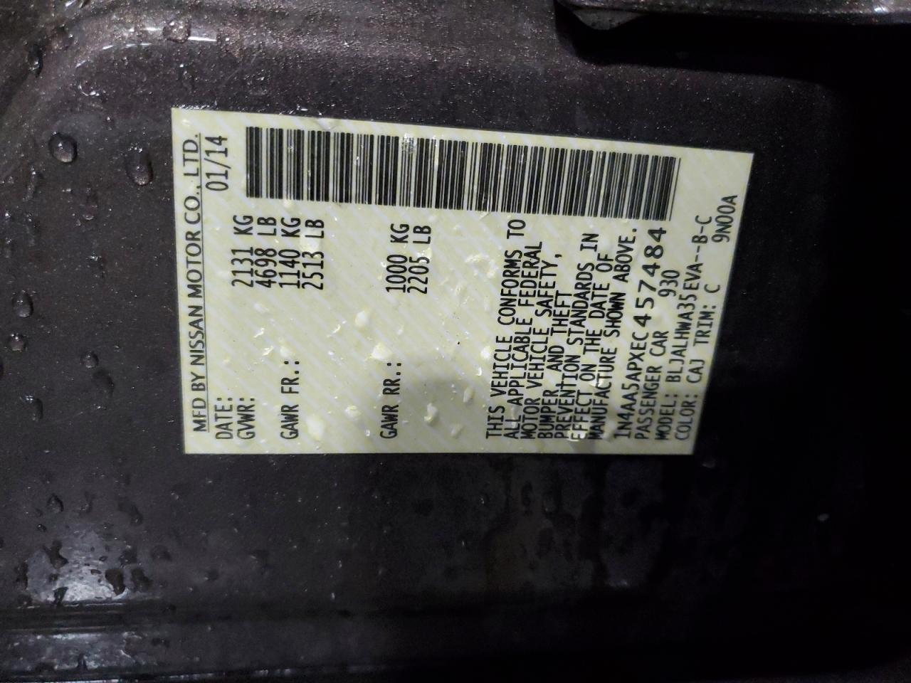 1N4AA5APXEC457484 2014 Nissan Maxima S