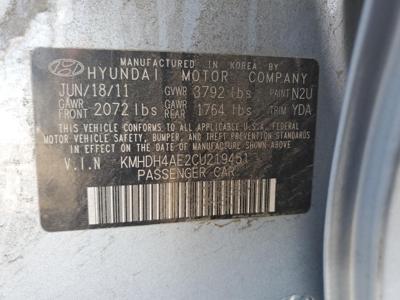 KMHDH4AE2CU219451 2012 Hyundai Elantra Gls