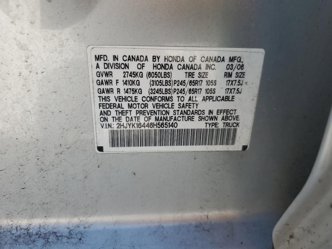 2hjyk16446h565140 2HJYK16446H565140 2006 Honda Ridgeline Rts