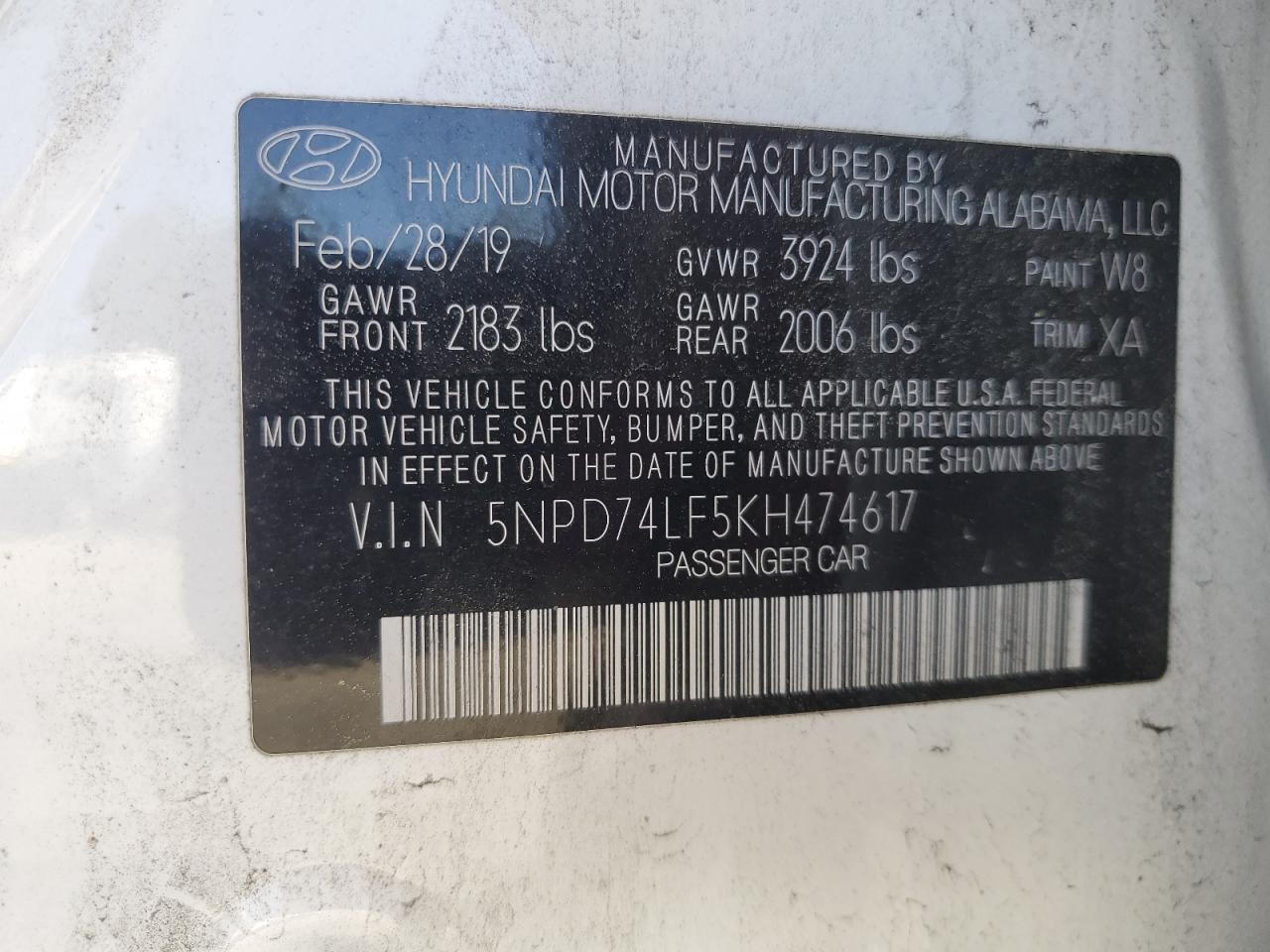 5NPD74LF5KH474617 2019 Hyundai Elantra Se