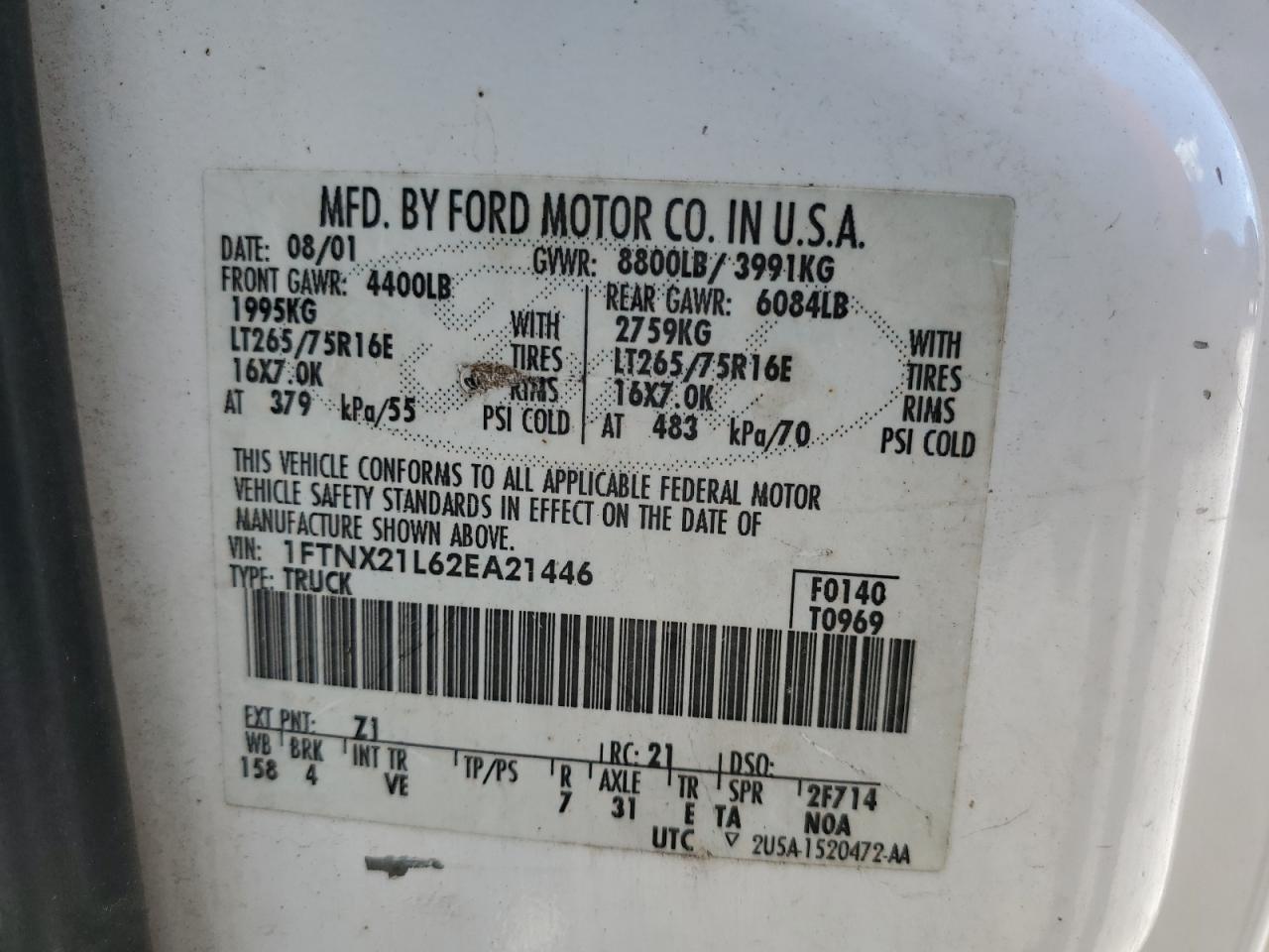 1FTNX21L62EA21446 2002 Ford F250 Super Duty