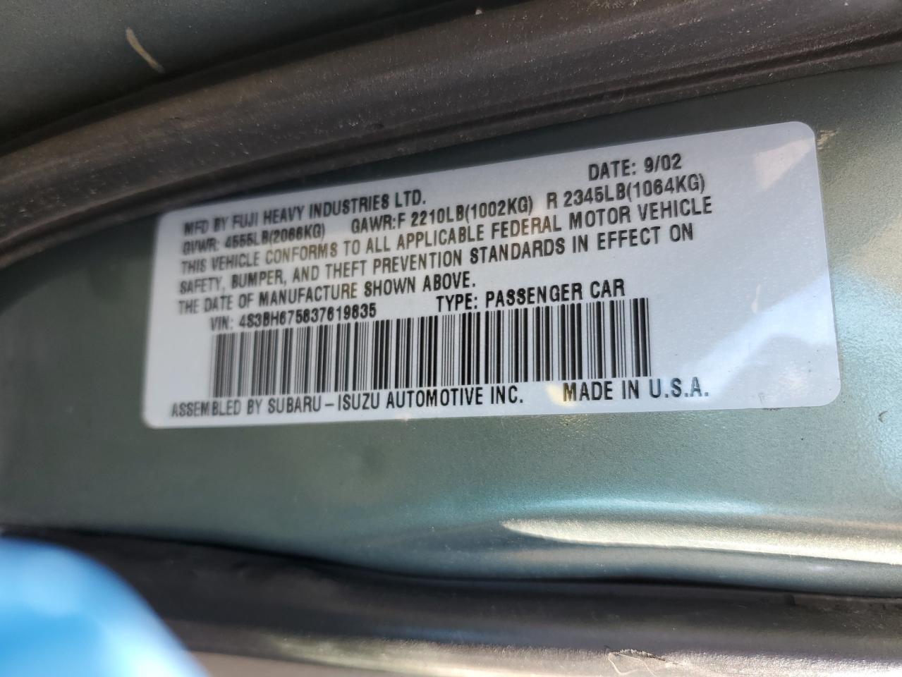 4S3BH675837619835 2003 Subaru Legacy Outback Awp