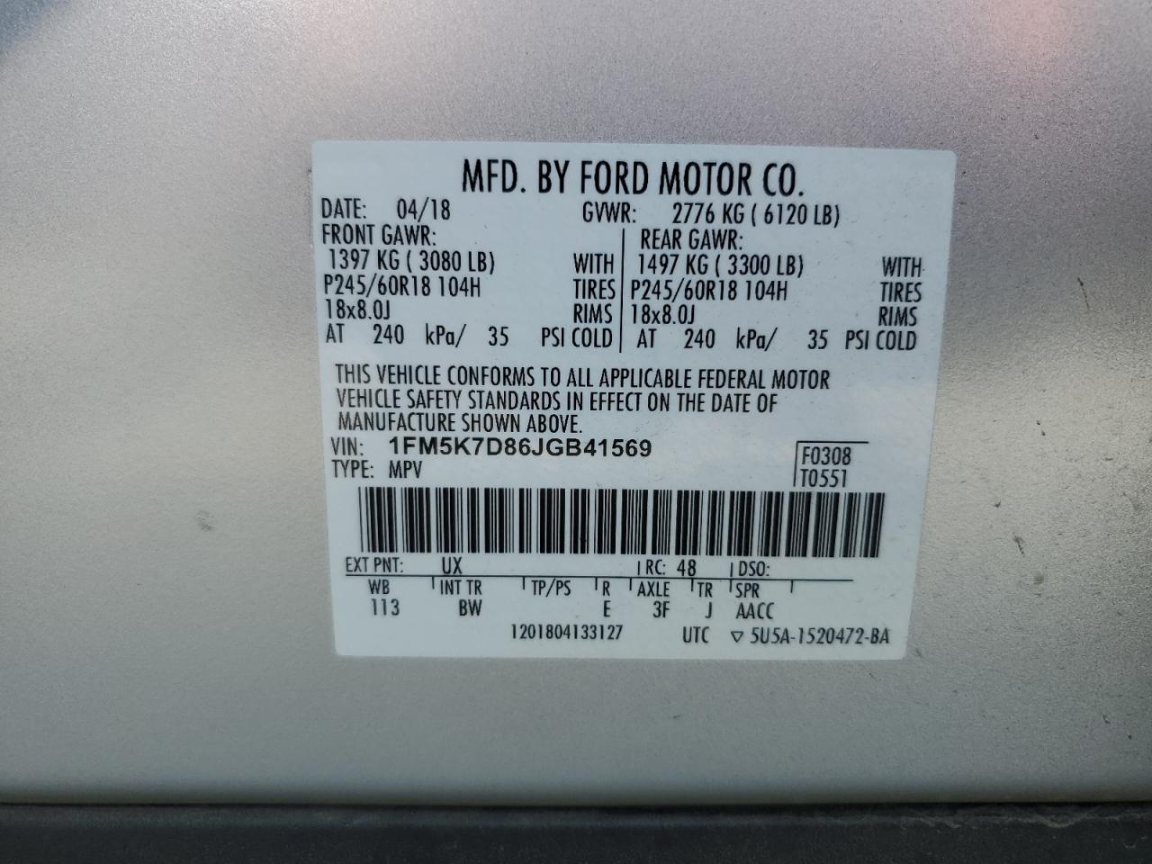 1FM5K7D86JGB41569 2018 Ford Explorer Xlt