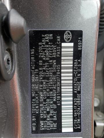 2019 Toyota Camry L VIN: 4T1B11HK0KU778405 Lot: 54951304