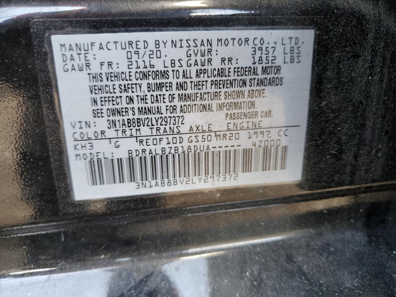 3N1AB8BV2LY297372 2020 Nissan Sentra S