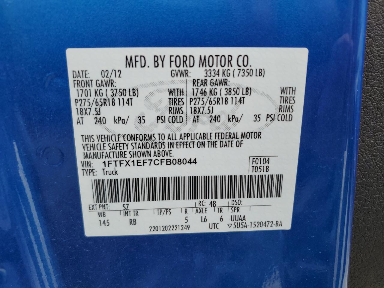 1FTFX1EF7CFB08044 2012 Ford F150 Super Cab