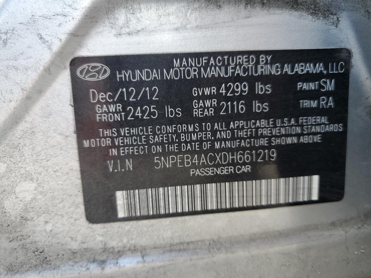 5NPEB4ACXDH661219 2013 Hyundai Sonata Gls