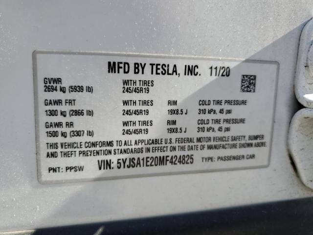 2021 Tesla Model S VIN: 5YJSA1E20MF424825 Lot: 53801924