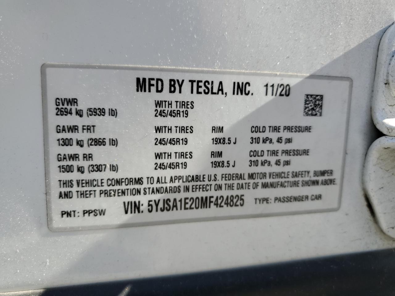 5YJSA1E20MF424825 2021 Tesla Model S