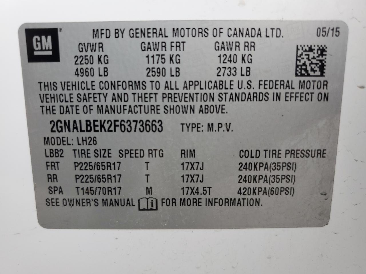 2GNALBEK2F6373663 2015 Chevrolet Equinox Lt