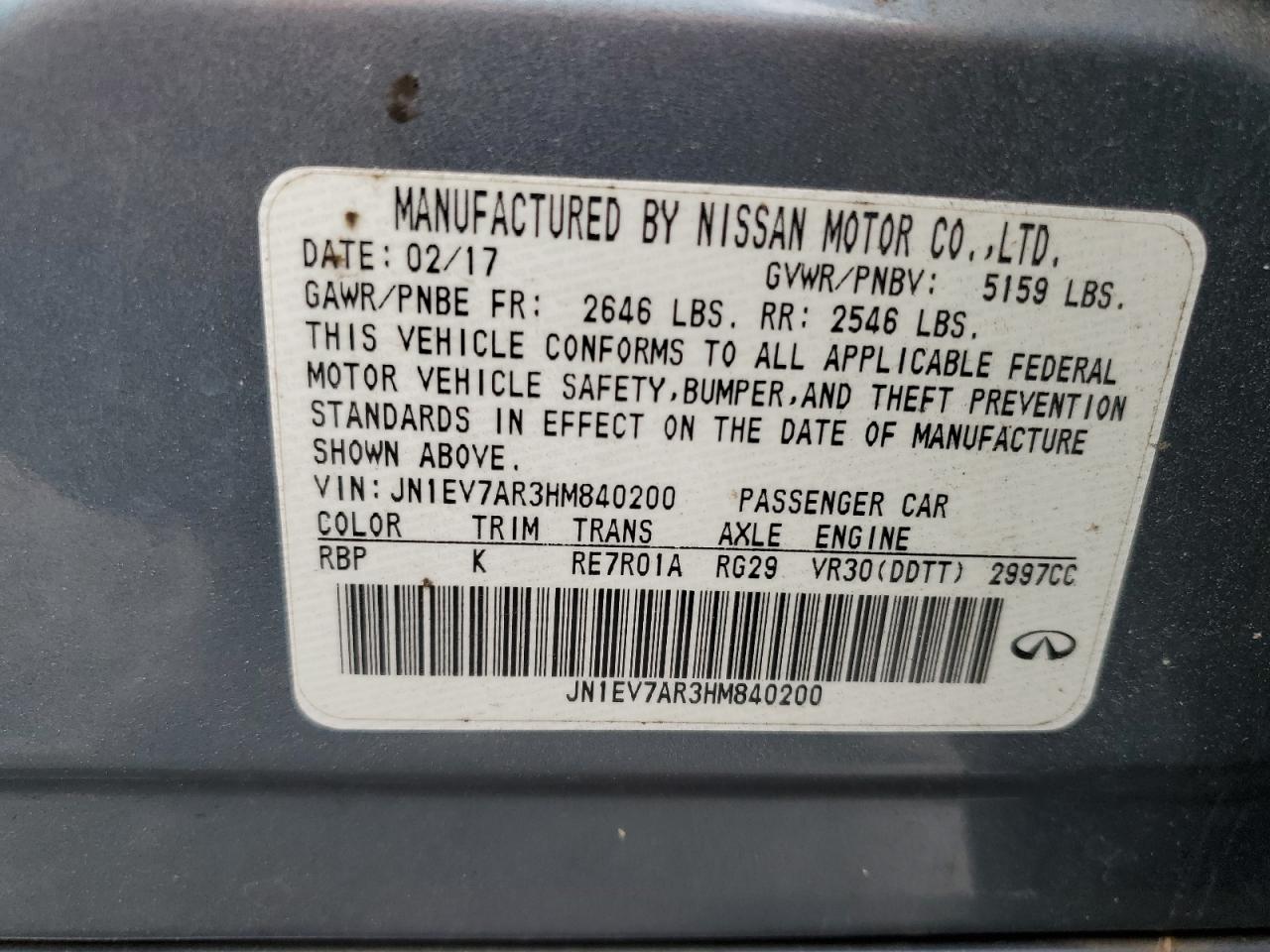 JN1EV7AR3HM840200 2017 Infiniti Q50 Premium