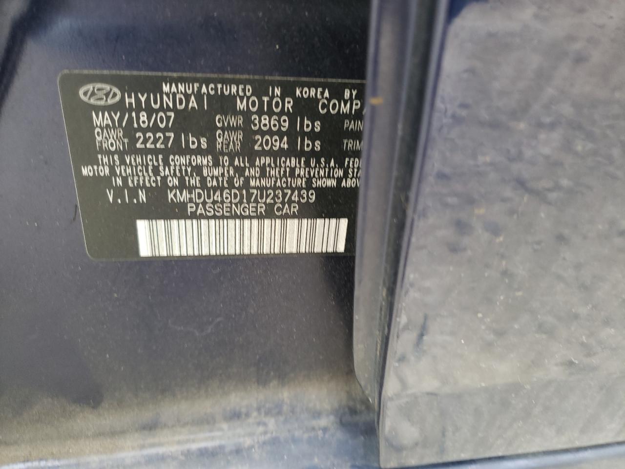 KMHDU46D17U237439 2007 Hyundai Elantra Gls