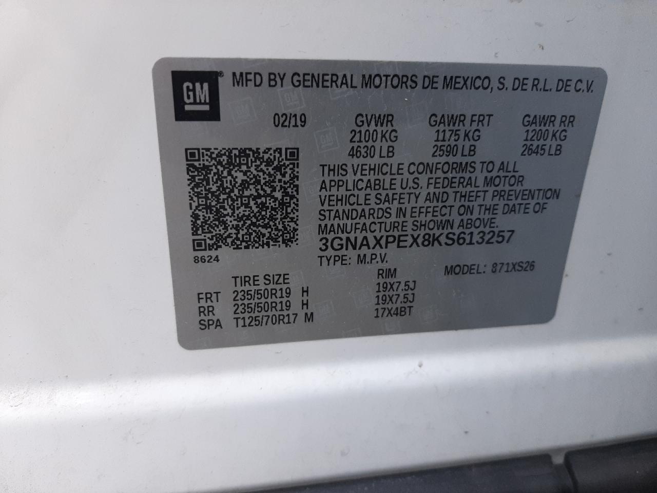 3GNAXPEX8KS613257 2019 Chevrolet Equinox Premier