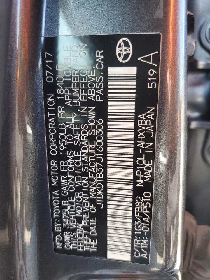 JTDKDTB37J1600306 2018 Toyota Prius C