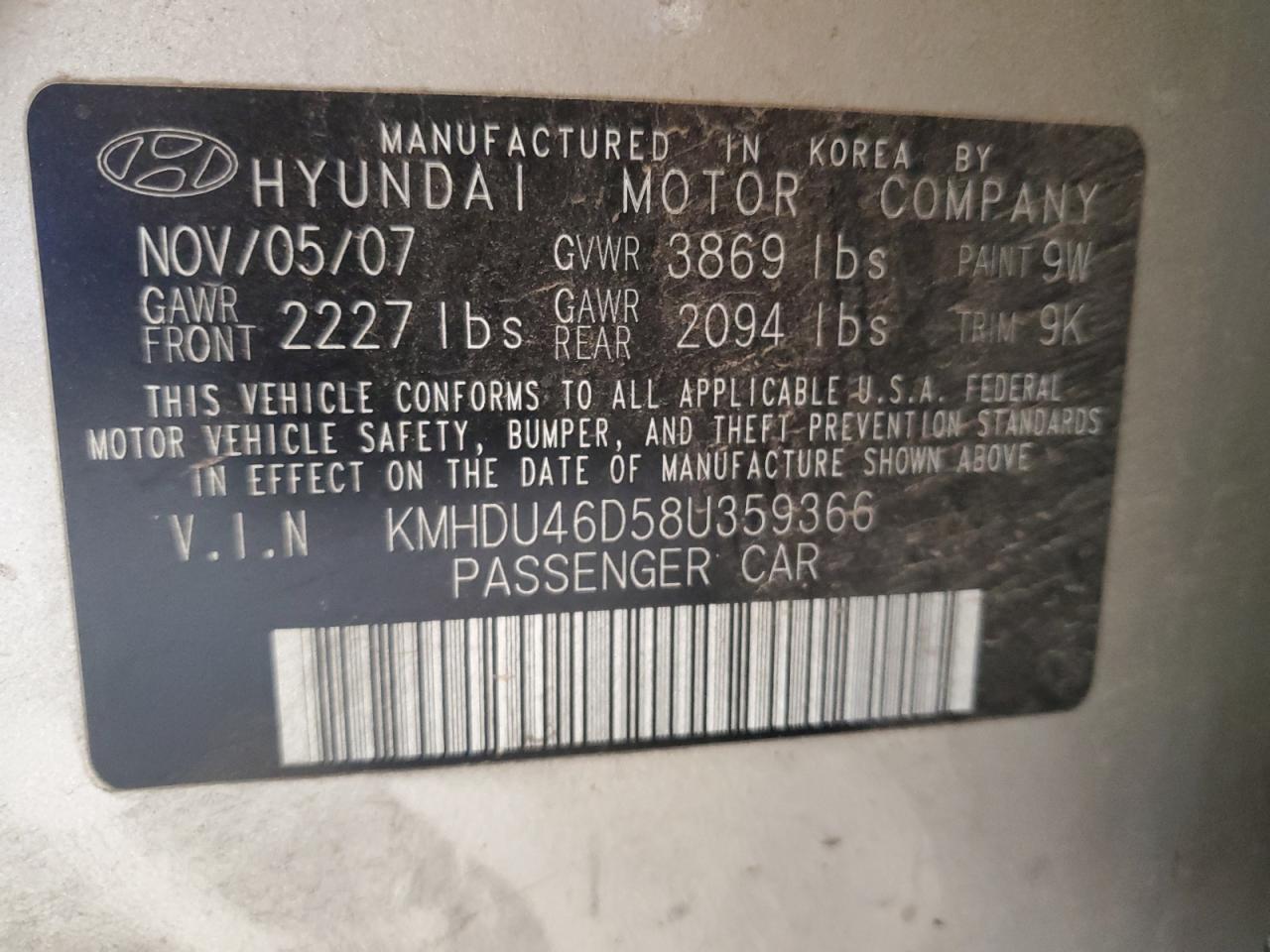 KMHDU46D58U359366 2008 Hyundai Elantra Gls