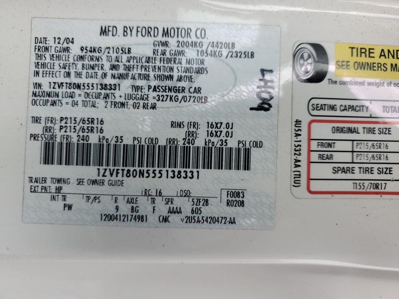 1ZVFT80N555138331 2005 Ford Mustang