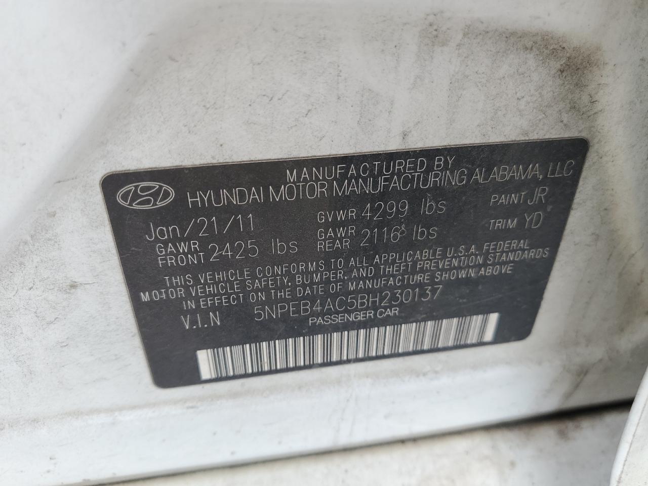 5NPEB4AC5BH230137 2011 Hyundai Sonata Gls