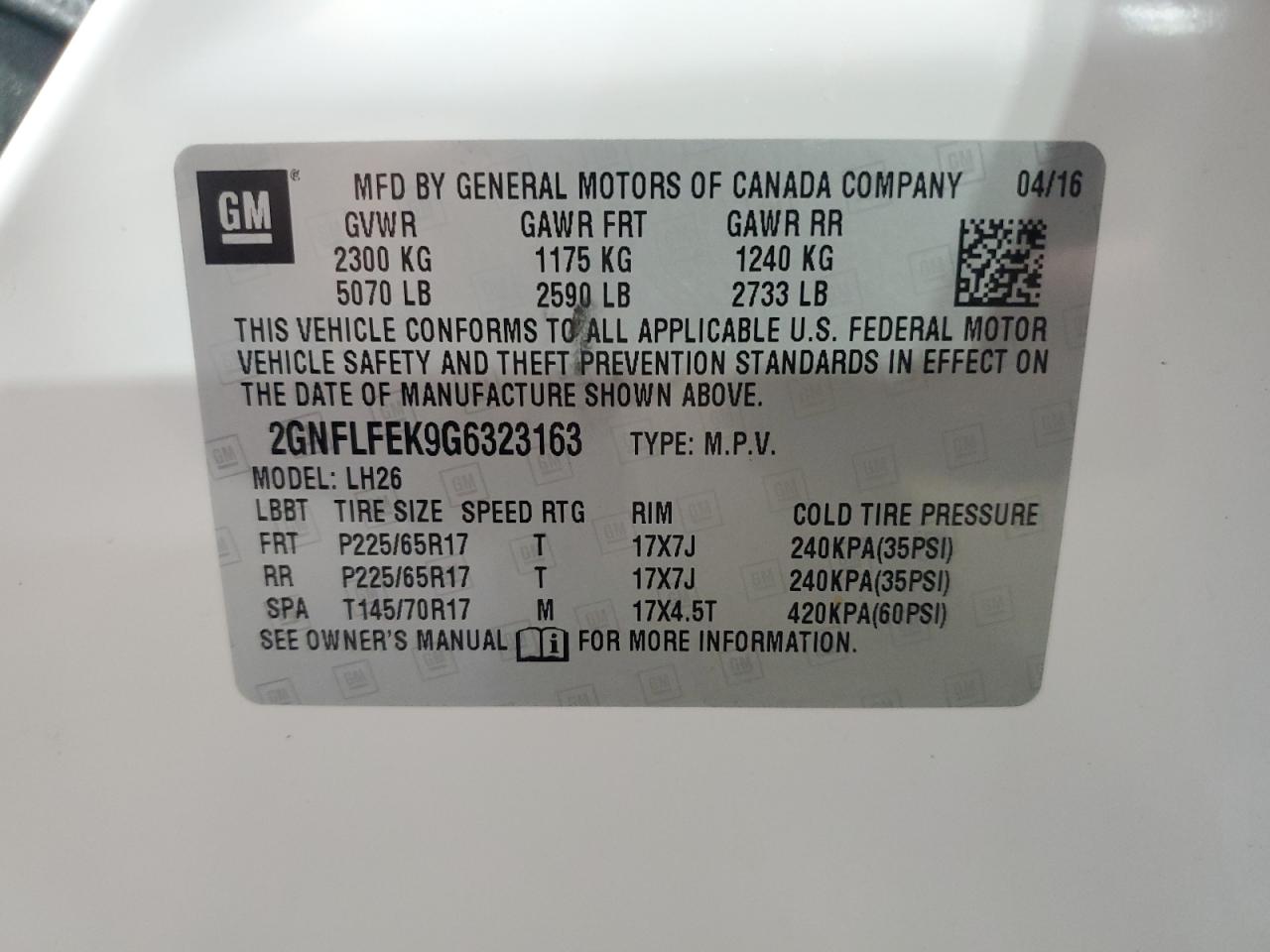 2GNFLFEK9G6323163 2016 Chevrolet Equinox Lt