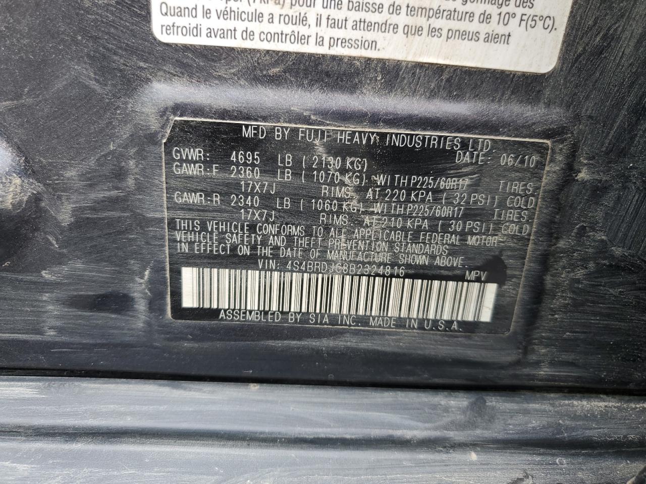 4S4BRDJC8B2324816 2011 Subaru Outback 3.6R Limited