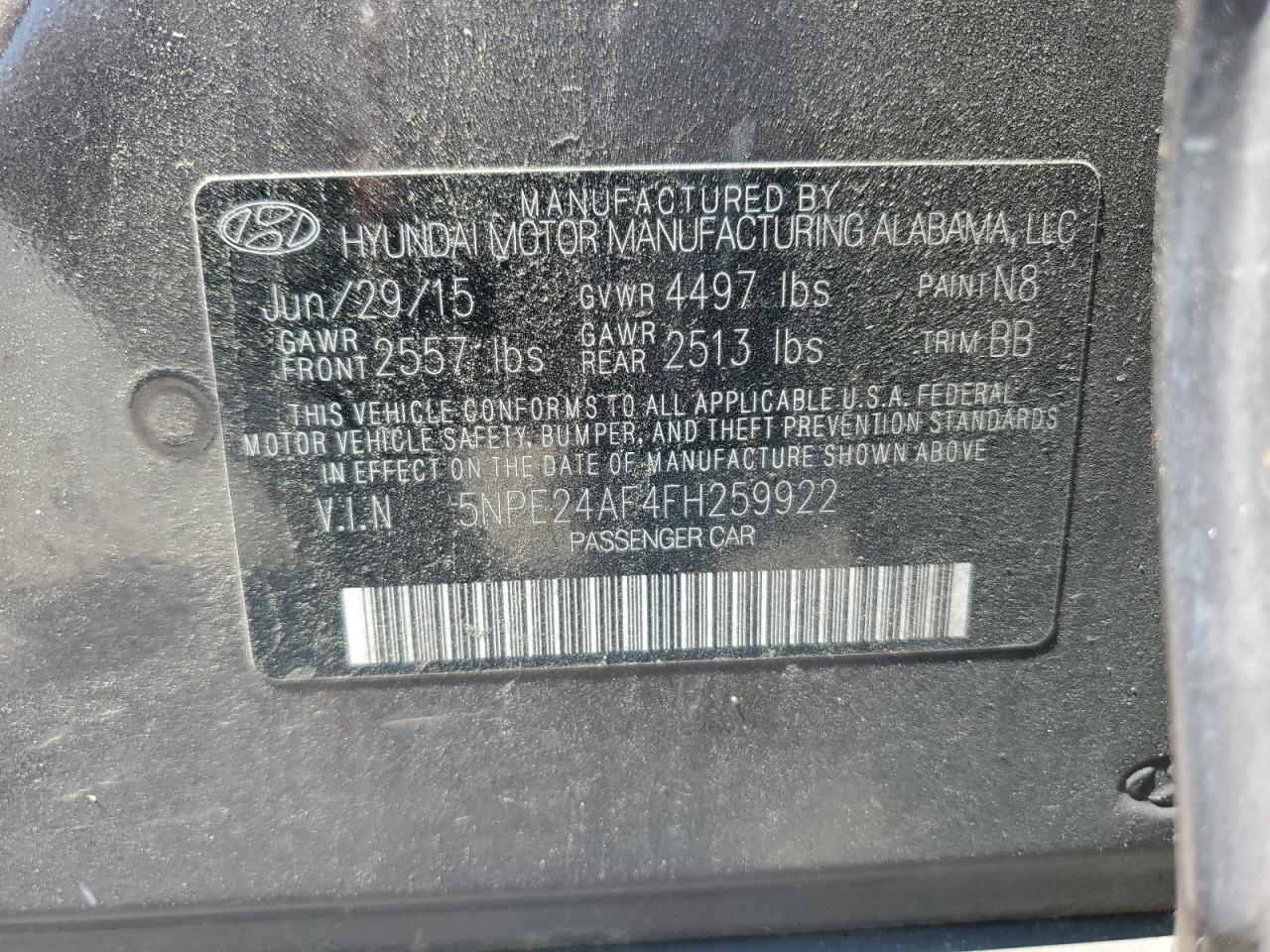 5NPE24AF4FH259922 2015 Hyundai Sonata Se