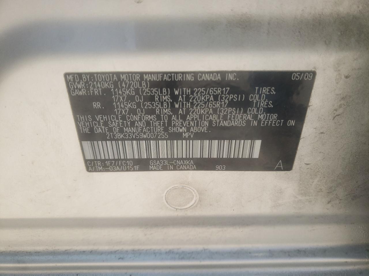 2T3BK33V59W007255 2009 Toyota Rav4