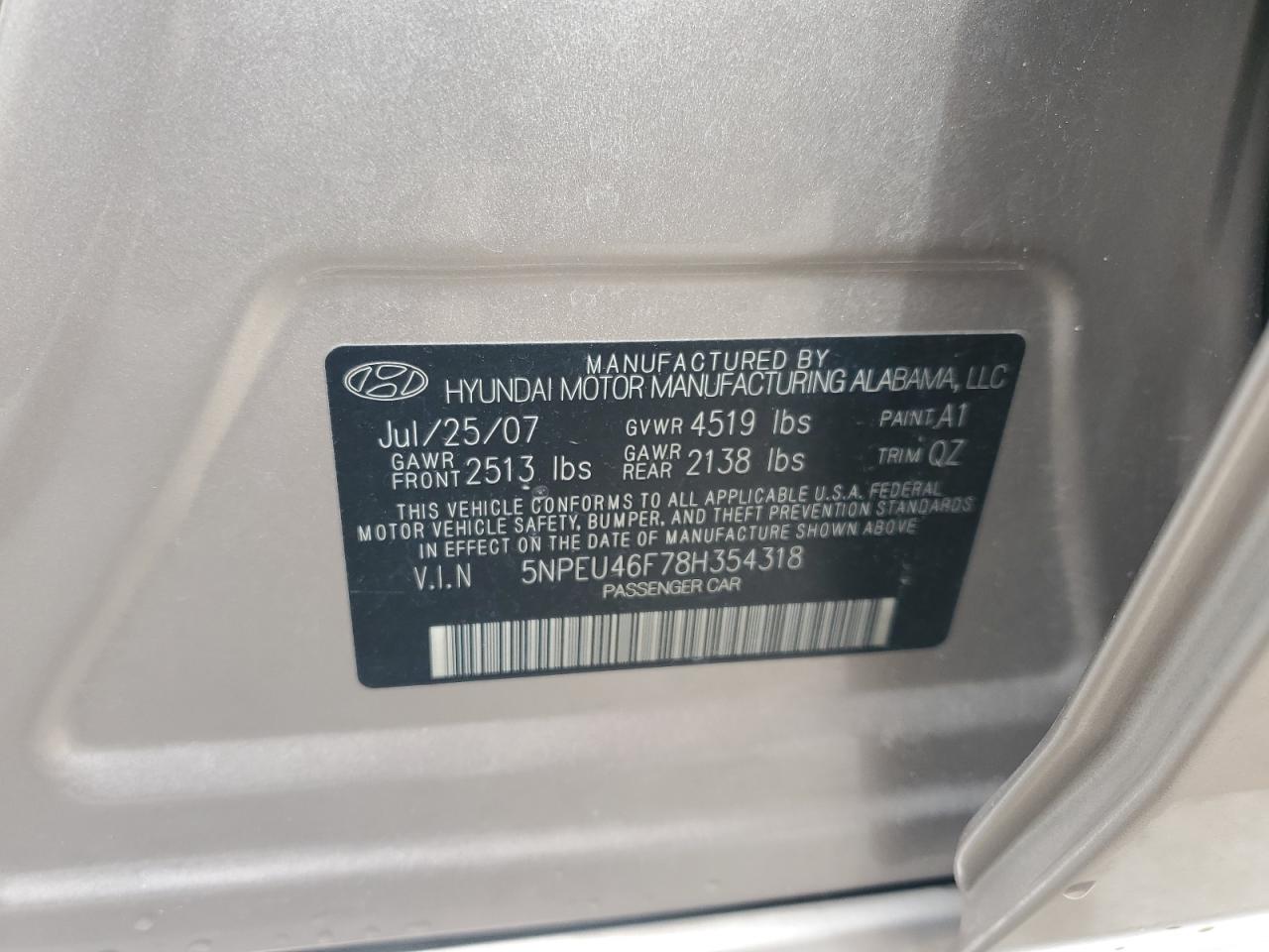 5NPEU46F78H354318 2008 Hyundai Sonata Se