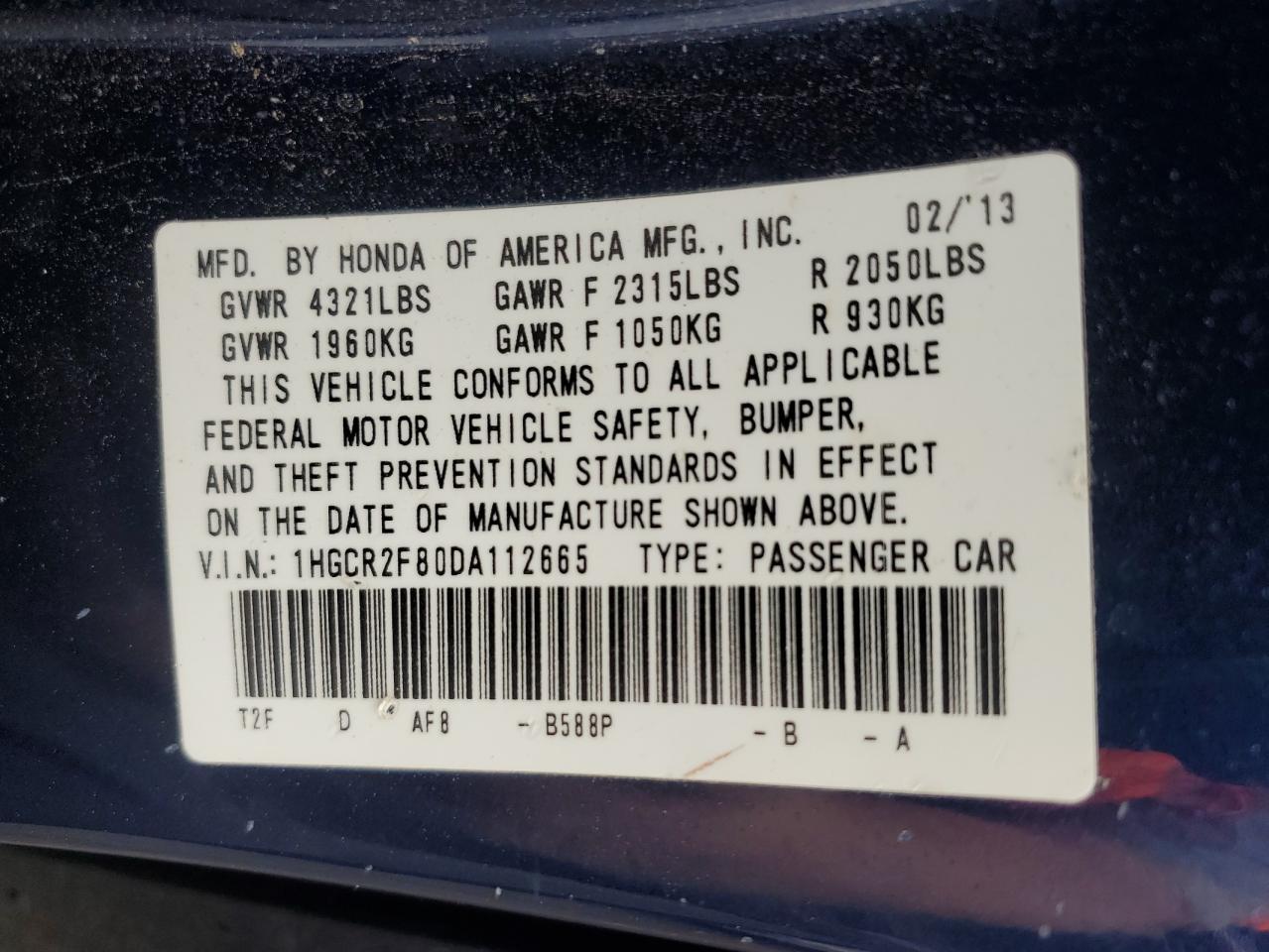 1HGCR2F80DA112665 2013 Honda Accord Exl