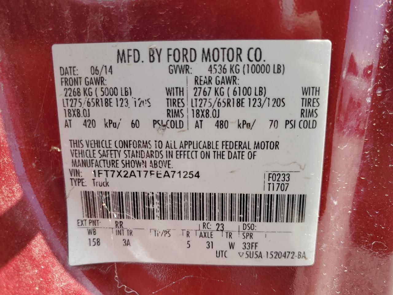 1FT7X2AT7FEA71254 2015 Ford F250 Super Duty