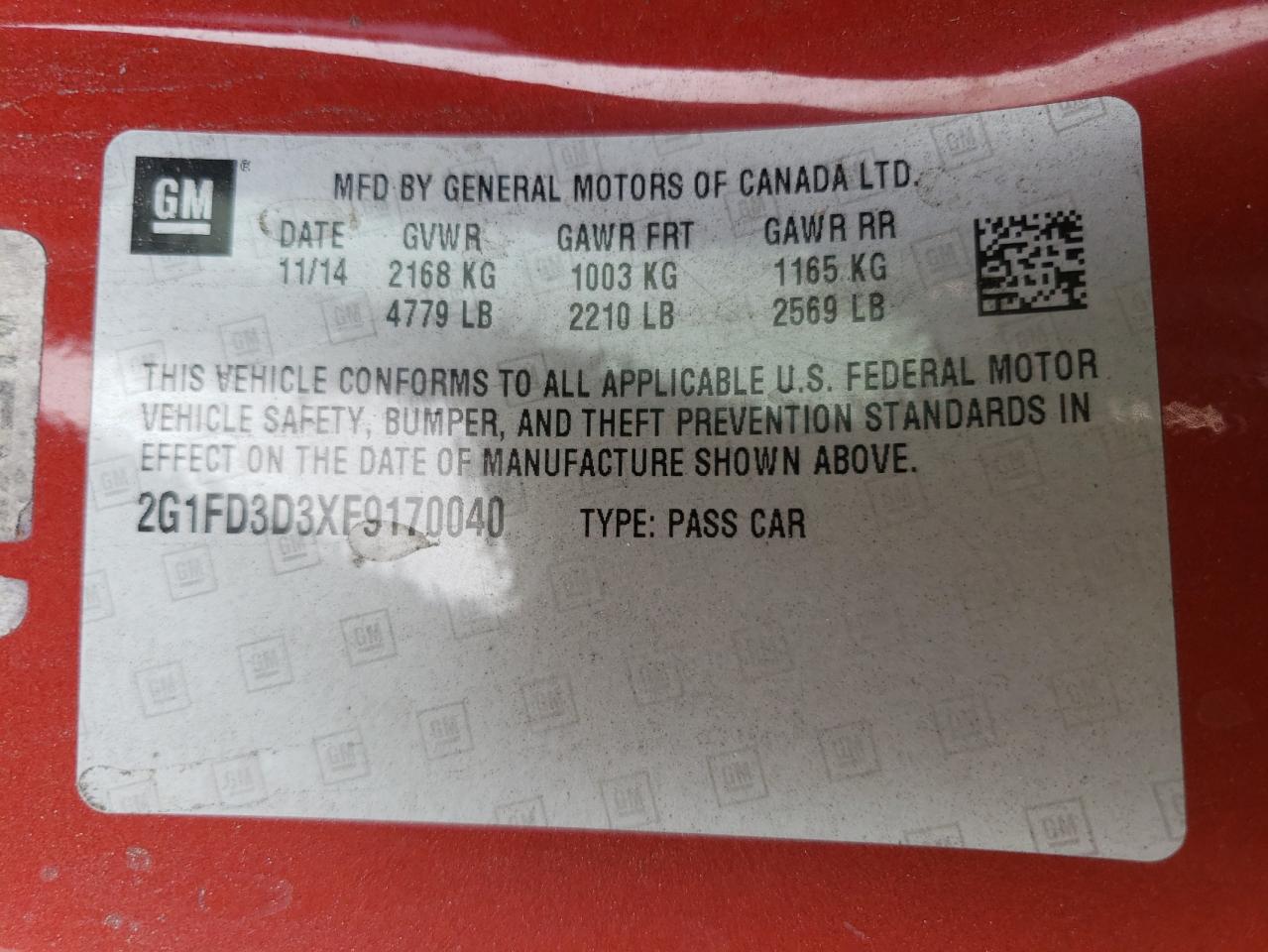 2G1FD3D3XF9170040 2015 Chevrolet Camaro Lt