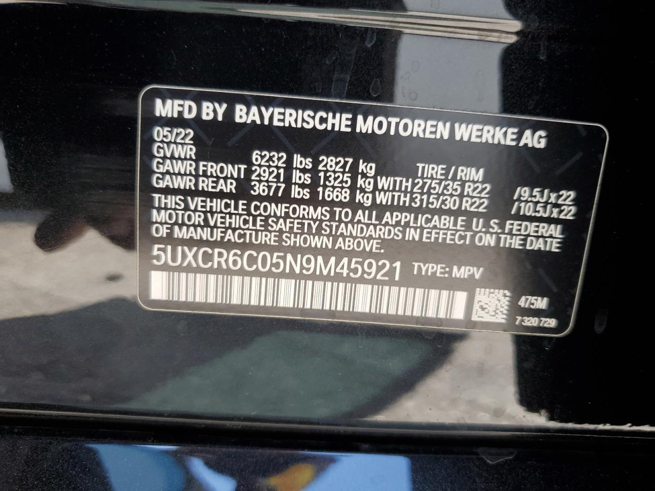 5UXCR6C05N9M45921 2022 BMW X5 xDrive40I