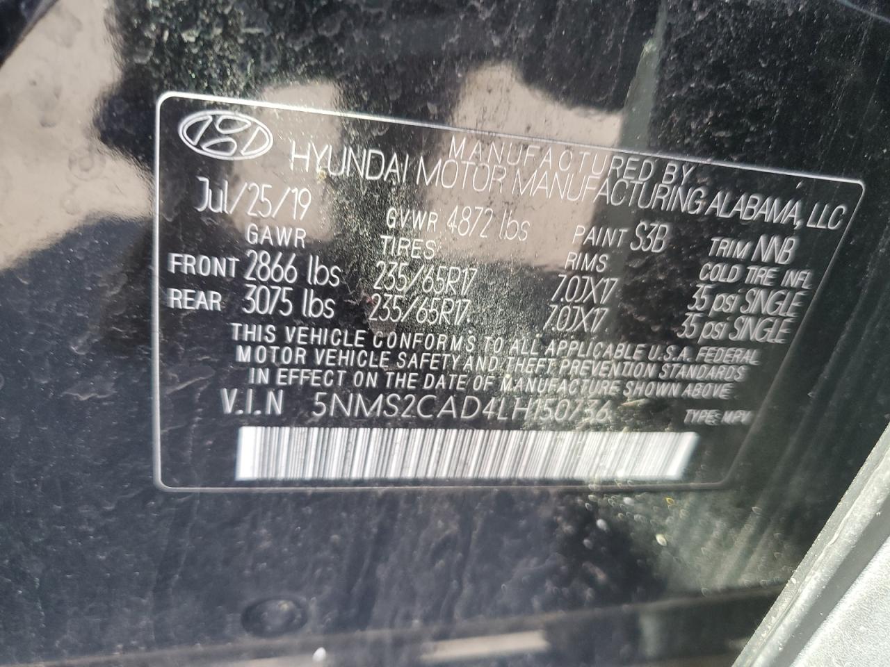 5NMS2CAD4LH150736 2020 Hyundai Santa Fe Se