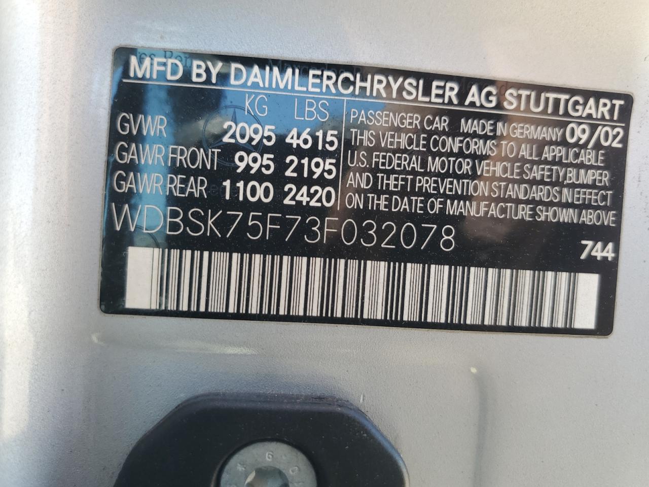 WDBSK75F73F032078 2003 Mercedes-Benz Sl 500R