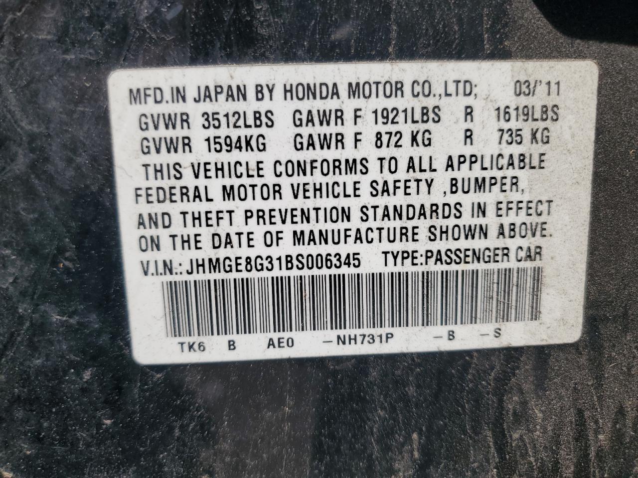 JHMGE8G31BS006345 2011 Honda Fit