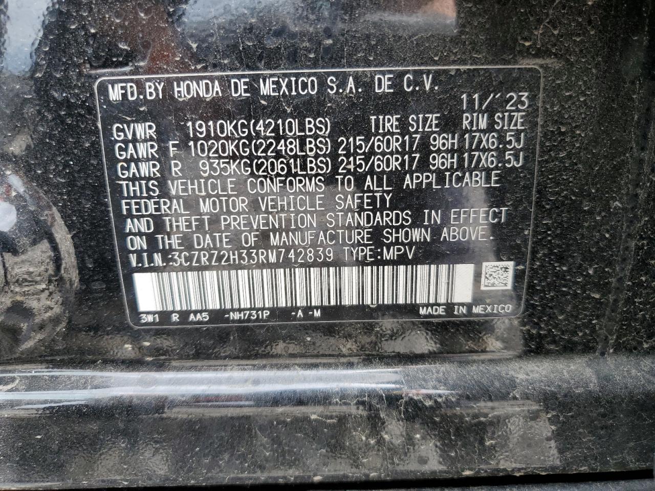 3CZRZ2H33RM742839 2024 Honda Hr-V Lx